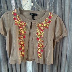 Tan bolero short L sweater Red Yellow Embroidery cottage core vintage boho retro